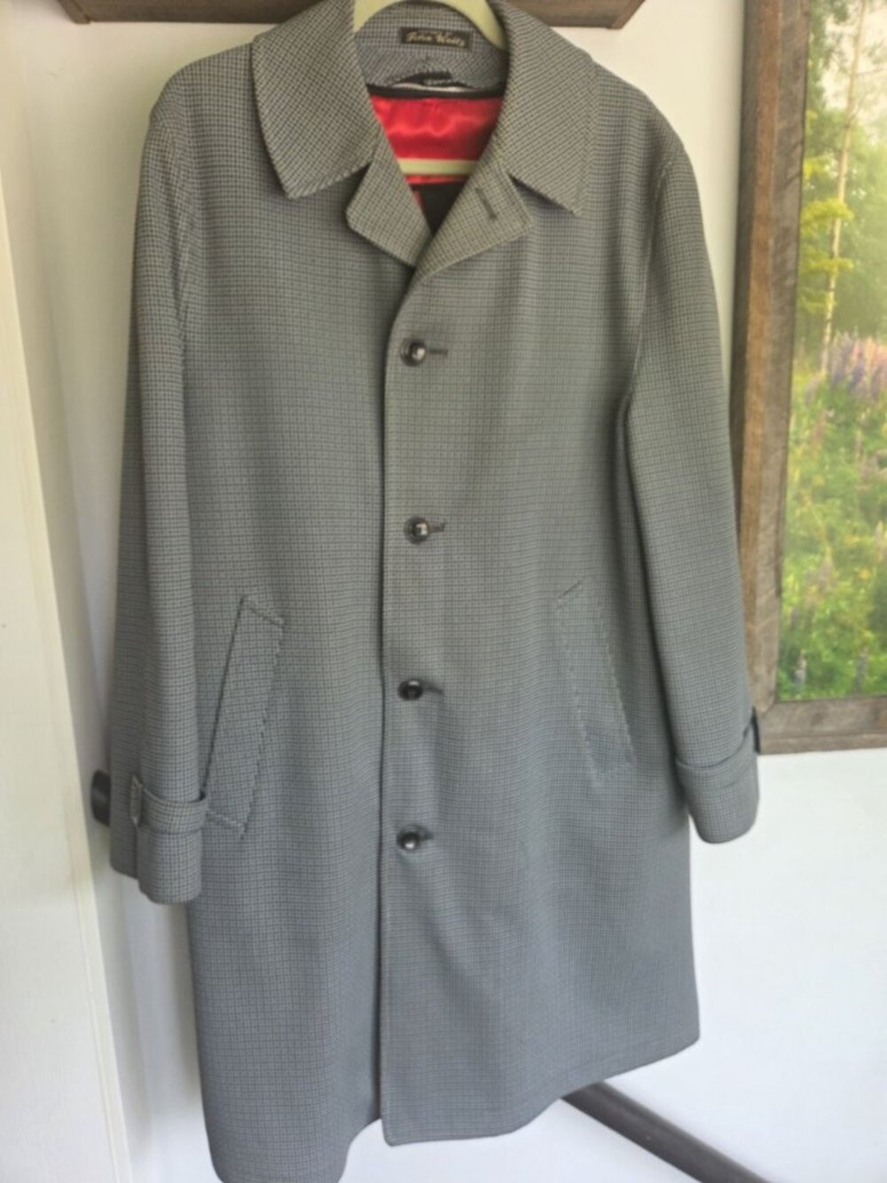 Vtg Harbor Master Mens 40 Houndstooth Trench Coat Wool Zip Out Liner Mid Century